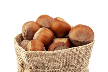 Beyaz arka plan üzerinde izole Sivas'tan çantasından taze fındık. 