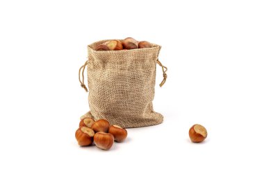 Beyaz arka plan üzerinde izole Sivas'tan çantasından taze fındık. 