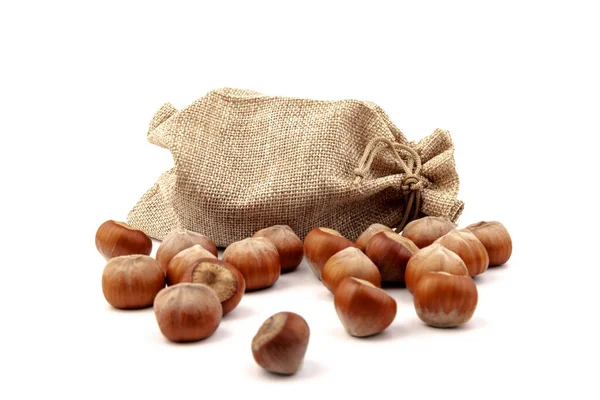 Fresh Hazelnuts Bag Sacking Isolated White Background — Stock Photo, Image