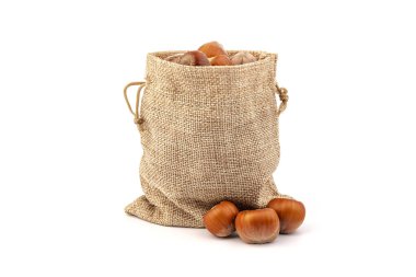 Beyaz arka plan üzerinde izole Sivas'tan çantasından taze fındık. 