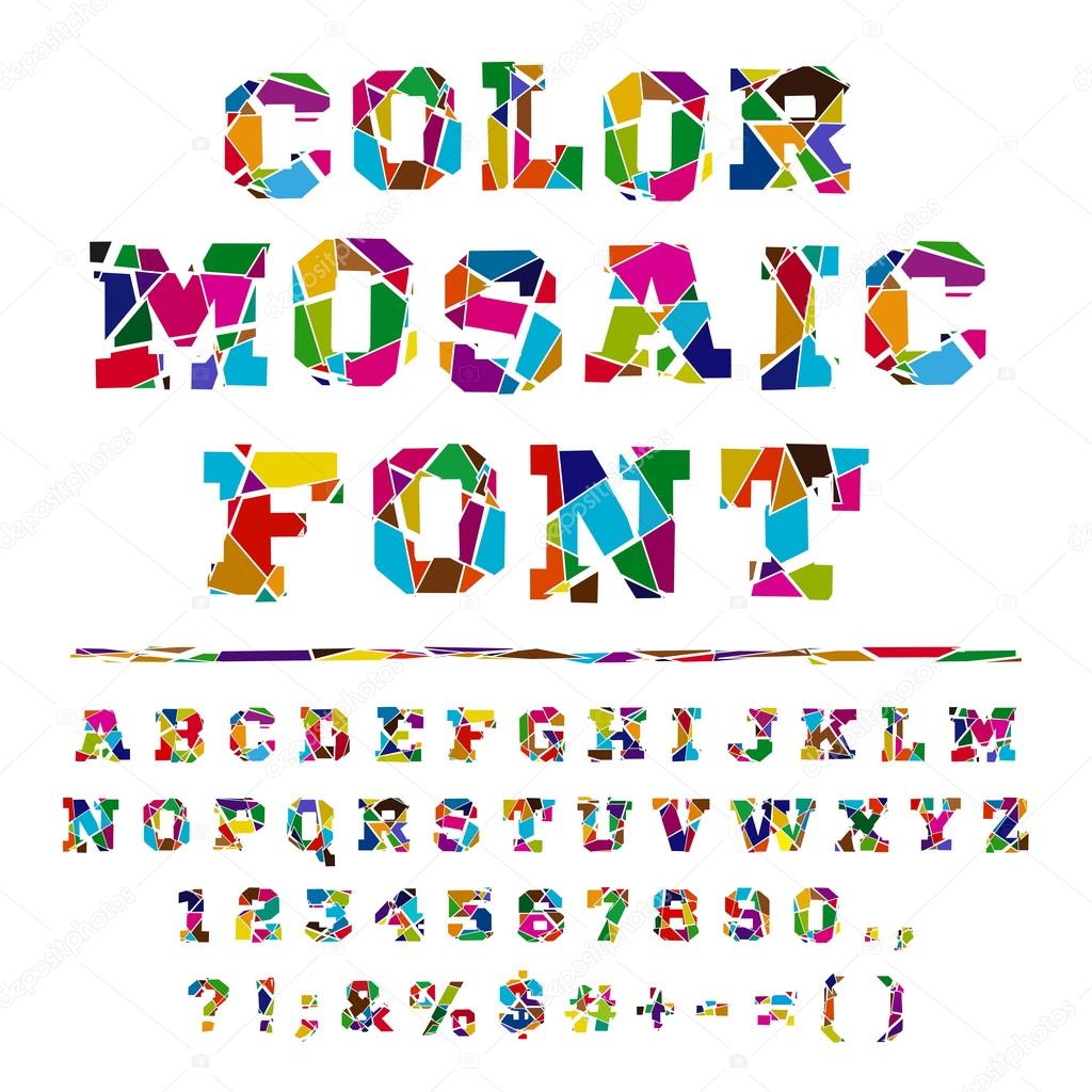 Colored font from the broken into fragments letters. Broken alphabet on a light background. Broken letters. Decorative alphabet. Stencil type. Full set