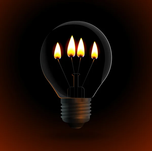 Lightbulb with four fire candle on dark background — Stock Vector