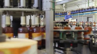 Bira fabrikasında çalışan bir taşıyıcı bant, ürün kalitesini ölçer. Bira şişeleriyle dolu konveyör bira fabrikasında. Bira fabrikasında işçilerle bira şişelemek için bir dükkan..