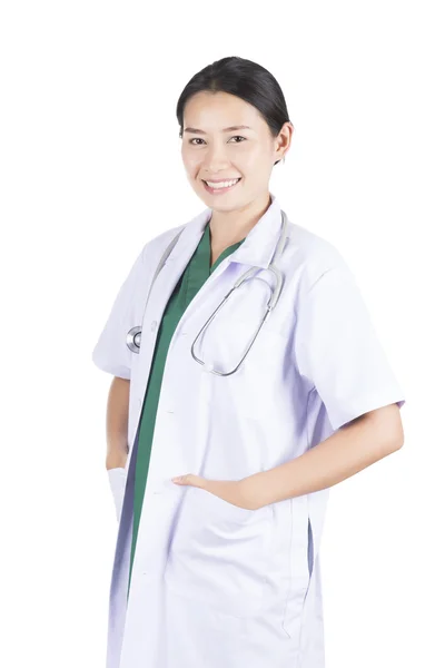 Vackra kvinnliga läkare med ett leende som begåtts på vit ba — Stockfoto