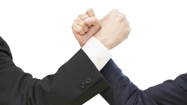 Double exposure image of business competitors doing arm wrestlin — Stock Photo, Image