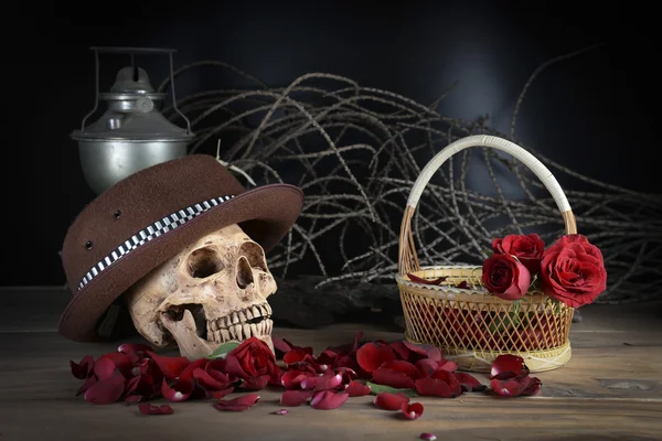 Nature morte photo avec crâne et rose au concept d'amour éternel — Photo