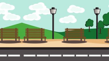 2d Park canlandırması banklar, parlayan sokak lambaları, ağaçlar ve parlak mavi gökyüzünün altında bir yol. Oyun sahneleri, hareket grafikleri ve animasyon arkaplanları için ideal.