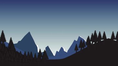 Dağlı dağ manzarası. Karlı tepeleri ve koyu mavi gökyüzüne karşı çam ağaçları olan 2D dağ manzaralı kusursuz bir animasyon. Oyun arkaplanı, hareket grafikleri ve animasyon için ideal.