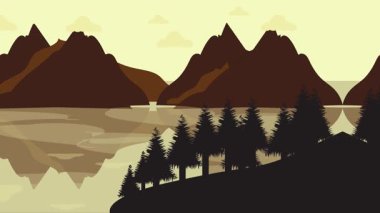 Çam ağaçlarının yansıttığı döngüye dayanıklı dağ gölü animasyonu minimalist arka plan