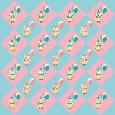 Birthday Owl Pattern on Pink and Blue Diamond