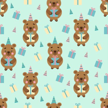 Seamless Pattern with Bears and Gifts