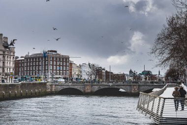 Dublin, İrlanda - 28 Şubat 2018. Huzurlu insanlar karlı Liffey Nehri 'nde yürürken martılar sahnede uçuyor. Sakin çift meşgul O 'Connell Köprüsü ile gri şehir siluetinin keyfini çıkarın.
