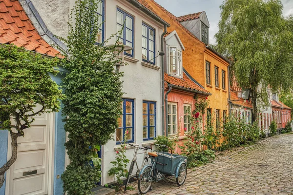 カラフルなファサードで居心地の良いダウンタウンの通りにある家の入り口には 伝統的な北欧の貨物自転車 クリスチャンバイク が停まっていました デンマークのライフスタイルと文化のイラスト オーフス デンマーク ストック画像