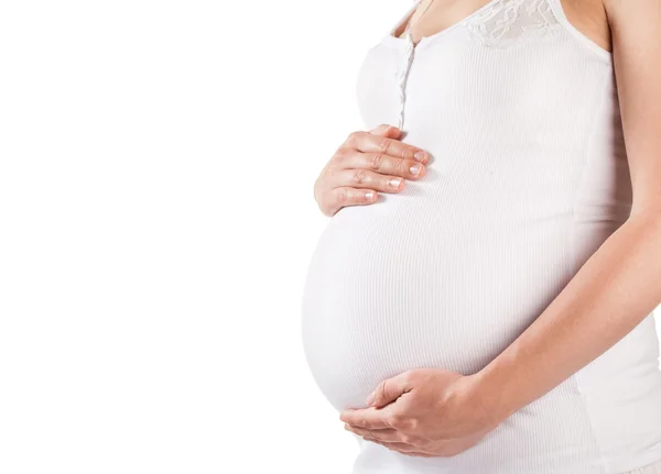 Senhora grávida segurando barriga — Fotografia de Stock