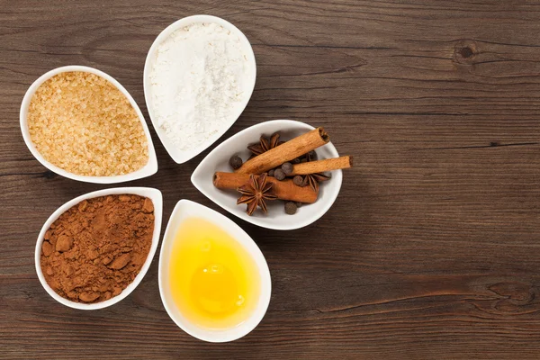 Baking ingredients in bowls — Stock Photo, Image