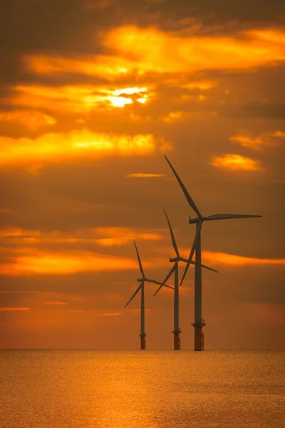 Zonsondergang Offshore windturbine in een windpark in aanbouw "o" — Stockfoto