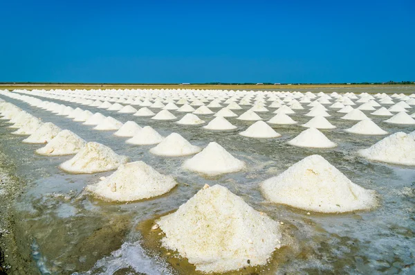 Campos de sal marina con sal apilada en Tailandia —  Fotos de Stock