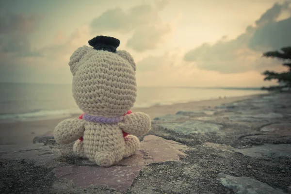 玩具熊坐在附近的海滩-复古色调 — 图库照片