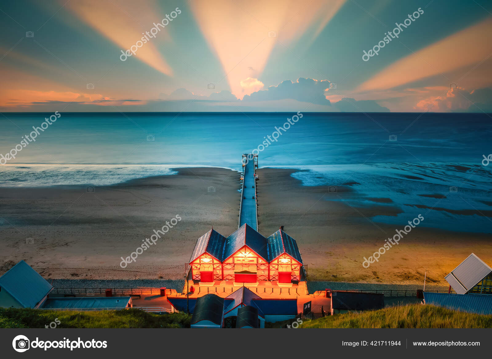 Clifftop View Pier Sunset Saltburn Sea North Yorkshire Stock Photo by
