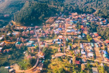 Phitsanulok, Tayland 'da Phu Hin Rong Kla Milli Parkı' nda güneş doğarken Rong Kla Köyü ve Sakura Ağacı 'nın hava görüntüsü.