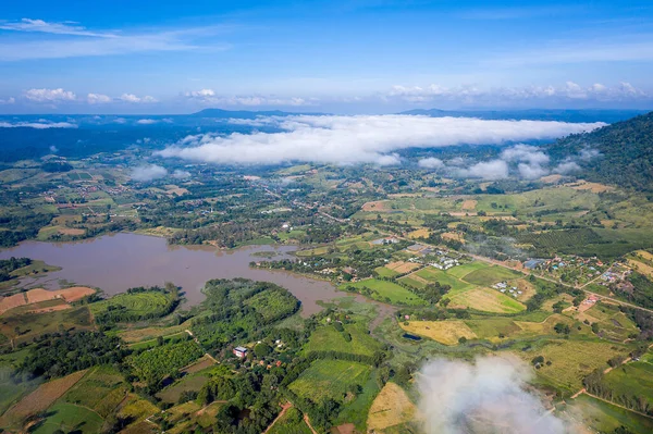 Aerial top view of Mountain and Mist in khao kho at the morning, Phetchabun Thailand.