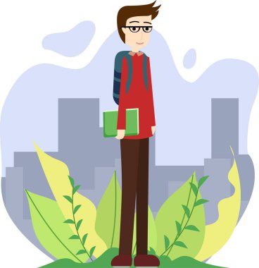 Vektör Grafik Çizimi, kırmızı elbiseli Öğrenci Koleji. Elinde yeşil kitap tutan öğrenci