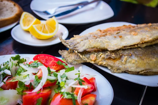 Pescado frito con hierbas frescas y limón —  Fotos de Stock