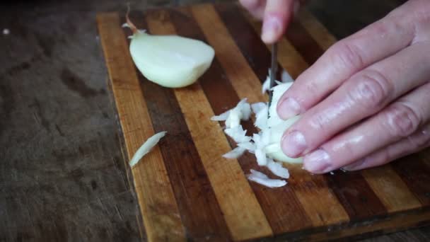 Женские руки режут лук луковицы — стоковое видео