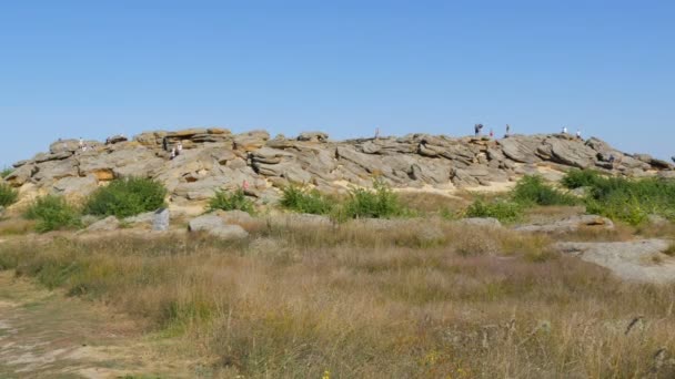 Ukrayna 'daki Tarihi Rezerv' de dünyaca ünlü anıt ve antik insanların kutsal yeri olan Kamyana Mohyla ya da Taş Mezar 'ın devasa kayaları. Petrogliflerle süsledim. Taş Mezar — Stok video
