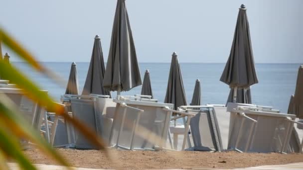 Pusta plaża na wybrzeżu nadmorskiego kurortu, samotne leżaki i szare parasole plażowe, zdarte z plaży kurort z powodu covid 2019, koronawirus, kwarantanna, Morze Adriatyckie, Czarnogóra — Wideo stockowe