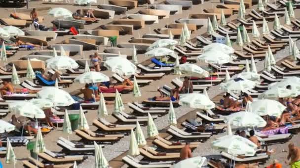 ベッチィ、モンテネグロ- 2020年8月26日:アドリア海沿岸に傘とサンラウンジャーがたくさんあるビーチ、人々は日光浴と休暇中に海で泳ぐ — ストック動画