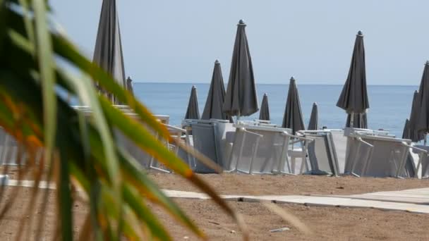 Tomma stranden på kusten av en badort, ensamma solstolar och nära stranden parasoller, slet bort badorten på grund av covid 2019, coronavirus, karantän, Adriatiska havet, Montenegro — Stockvideo