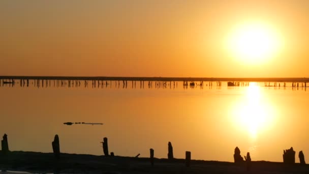 塩湖で巨大な丸い太陽と素晴らしい信じられないほどの赤い夕日 — ストック動画