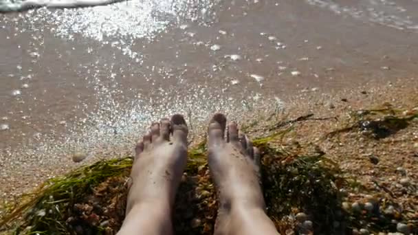 Female feet, toes on a seashell beach, sea and waves. Relaxation concept, summer vacation. POV — Stock Video
