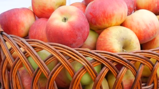 Корзина с красивыми красными яблоками на осенней ярмарке — стоковое видео