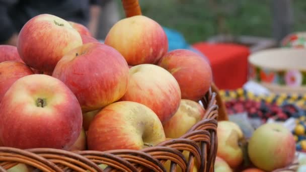 Cesta con hermosas manzanas rojas frescas en la feria de otoño — Vídeos de Stock