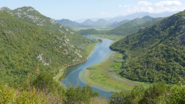 Río azul que fluye a través del valle verde hacia montañas distantes. Curvas y curvas del río Crnojevica en el parque nacional de Montenegro, serpenteando a través del pantano entre colinas en camino al lago Skadar — Vídeos de Stock