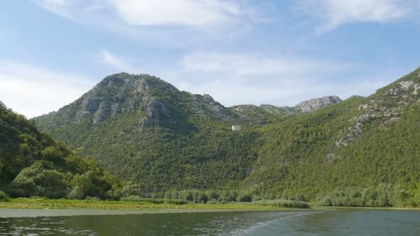 A lenyűgöző szépsége a természeti táj a Skadar-tó, a nemzeti park Montenegró oldaláról egy úszó hajó. Vízililiomok, édesvíz a hegyek hátterében. Szűz természet — Stock videók