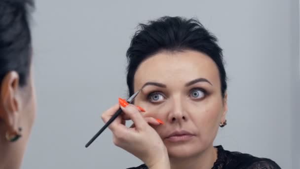 Красивая эффектная молодая женщина в наносит макияж на лицо специальной кистью перед зеркалом — стоковое видео