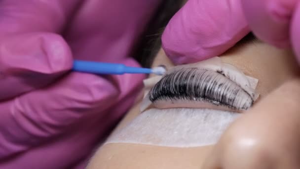 Gesicht des jungen Mädchens vor der Wimpernlaminierung in einem professionellen Schönheitssalon. Beim Wimpernrollen wäscht der Meister die schwarze Farbe auf den Wimpern mit einem speziellen Pinsel ab — Stockvideo