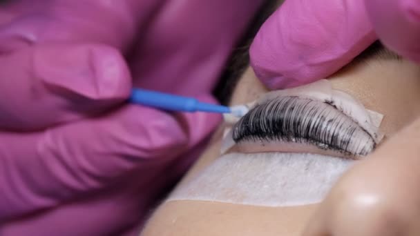 La cara de la joven antes del procedimiento de laminación de pestañas en un salón de belleza profesional. El maestro lava la pintura negra de las pestañas durante el procedimiento de rizado de las pestañas con un cepillo especial — Vídeos de Stock