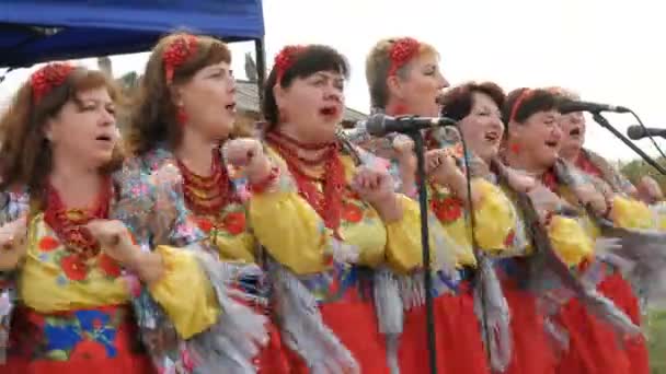 Galushkovka, Ucrania - 14 de octubre de 2020: Colectivo de arte popular en trajes nacionales étnicos ucranianos cantan alegremente canciones populares y bailan — Vídeos de Stock