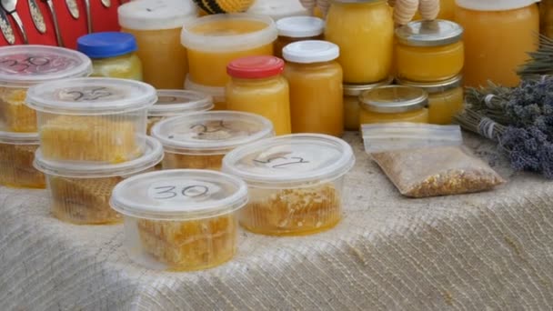 ANUCHINO, RUSSIA - 2019年8月24日：养蜂人在仙女座的塑料瓶中出售鲜花和蜂蜜。雨天 — 图库视频影像