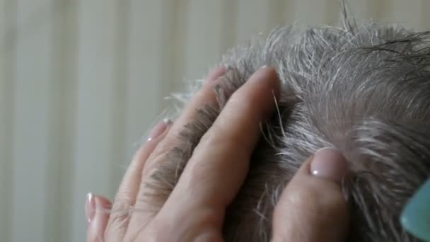 Corte de pelo de un anciano sin hogar. Las manos de las mujeres se cortan hombre pelo blanco con un peine y tijeras en un refugio para personas sin hogar, vista de cerca — Vídeos de Stock