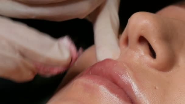 Cosmetologist que faz o procedimento permanente microblading dos lábios usando o pigmento rosa da máquina da tatuagem. Esteticista aplicando maquiagem pigmento em lábios de mulher. Conceito da indústria da beleza no salão de beleza close-up — Vídeo de Stock