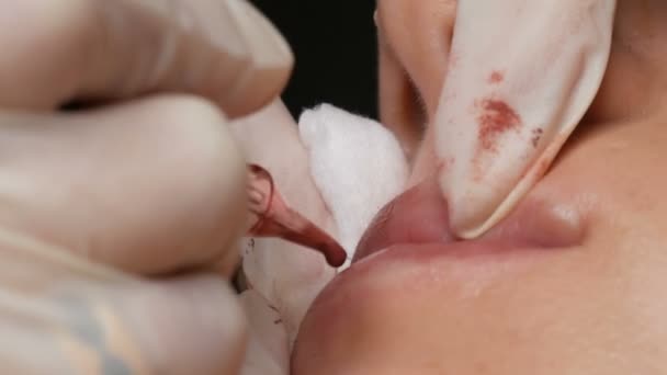 Cosmetologue faire des lèvres microblading procédure permanente à l'aide d'une machine à tatouer pigment rose. Esthéticienne appliquant du maquillage pigmentaire sur les lèvres des femmes. Concept de l'industrie de la beauté dans le salon d'esthéticienne close up — Video