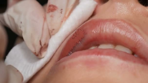 Cosmetologist que faz o procedimento permanente microblading dos lábios usando o pigmento rosa da máquina da tatuagem. Esteticista aplicando maquiagem pigmento em lábios de mulher. Conceito da indústria da beleza no salão de beleza close-up — Vídeo de Stock