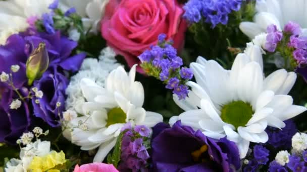 Een prachtig stijlvol boeket van diverse veelkleurige bloemen van madeliefjes, rozen, gedroogde bloemen. Feestelijke bruidsboeket van witte, roze, blauwe, paarse, gele bloemen — Stockvideo