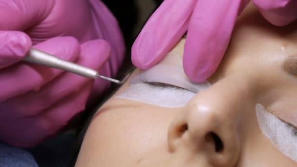 Modern eyelash lamination procedure in a professional beauty salon. The master applies special silicone curlers before the eyelash curling procedure — Stock Video