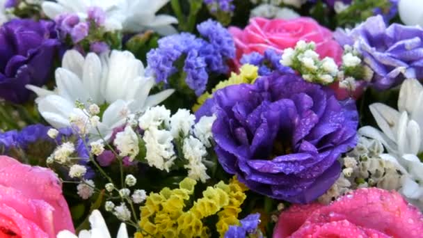 Egy gyönyörű, elegáns csokor különböző színes virágok százszorszépek, rózsák, szárított virágok. Ünnepi menyasszonyi csokor fehér, rózsaszín, kék, lila, sárga virágokból — Stock videók